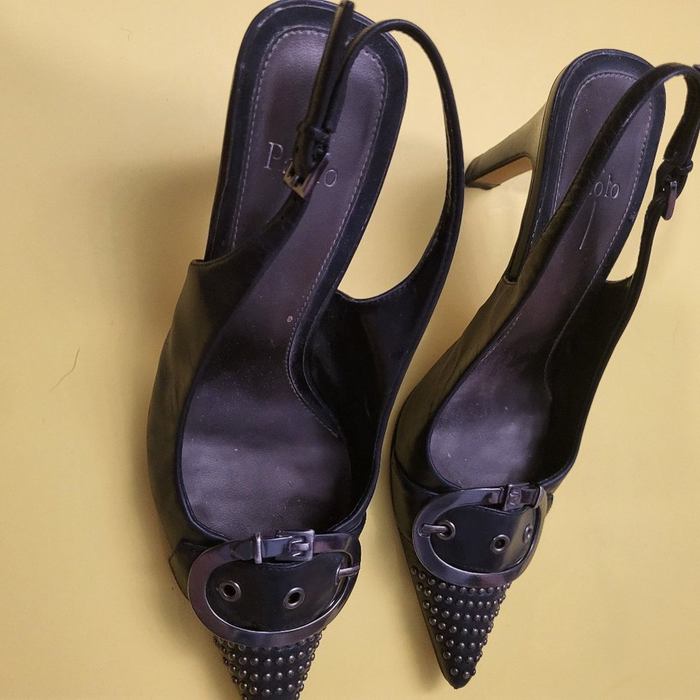 Linea Paolo black leather slingback with buckle accent, US womens size 4